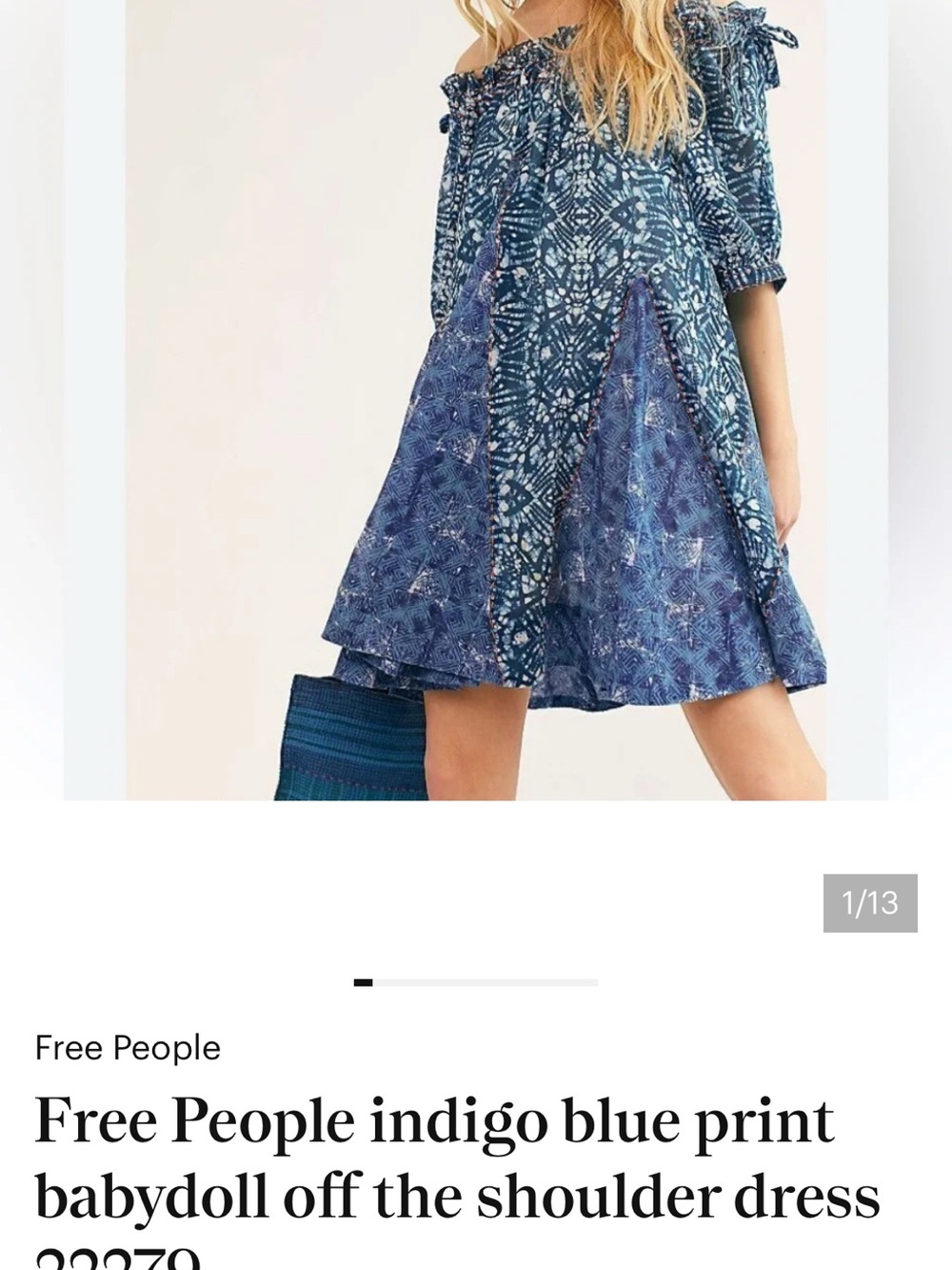 Free People Indigo Patchwork One-Shoulder Babydoll Dress